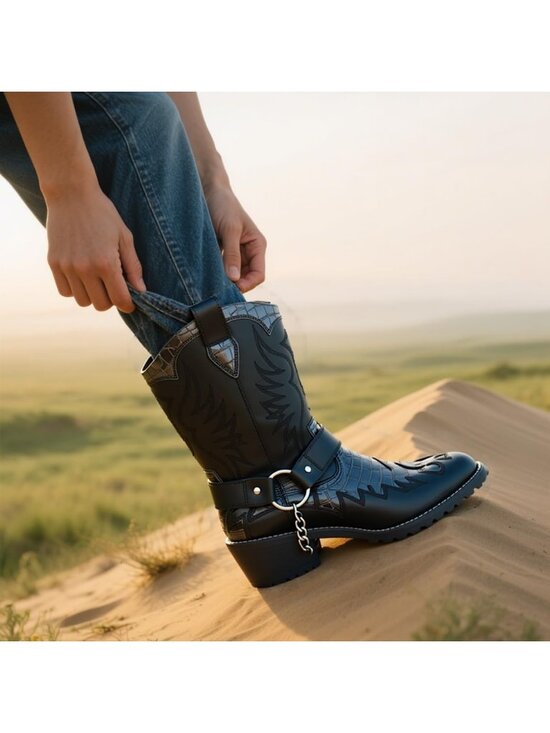 Men\'s Black Faux Leather Fashionable Metal Chain Design Western Cowboy Boots